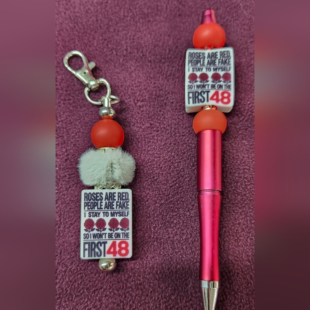 Red and White Beaded Keychain and Pen Set